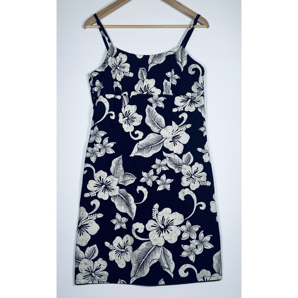 Shannon‎ Marie Hawaiian Sundress Large Black Cream Floral Tropical Aloha Dress